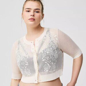 Torrid 4X = 26 Ivory Lace Pointelle Detail Button Front Shrug Details NWT